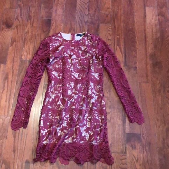 Burgundy and nude lace long sleeve mini dress - Picture 1 of 2